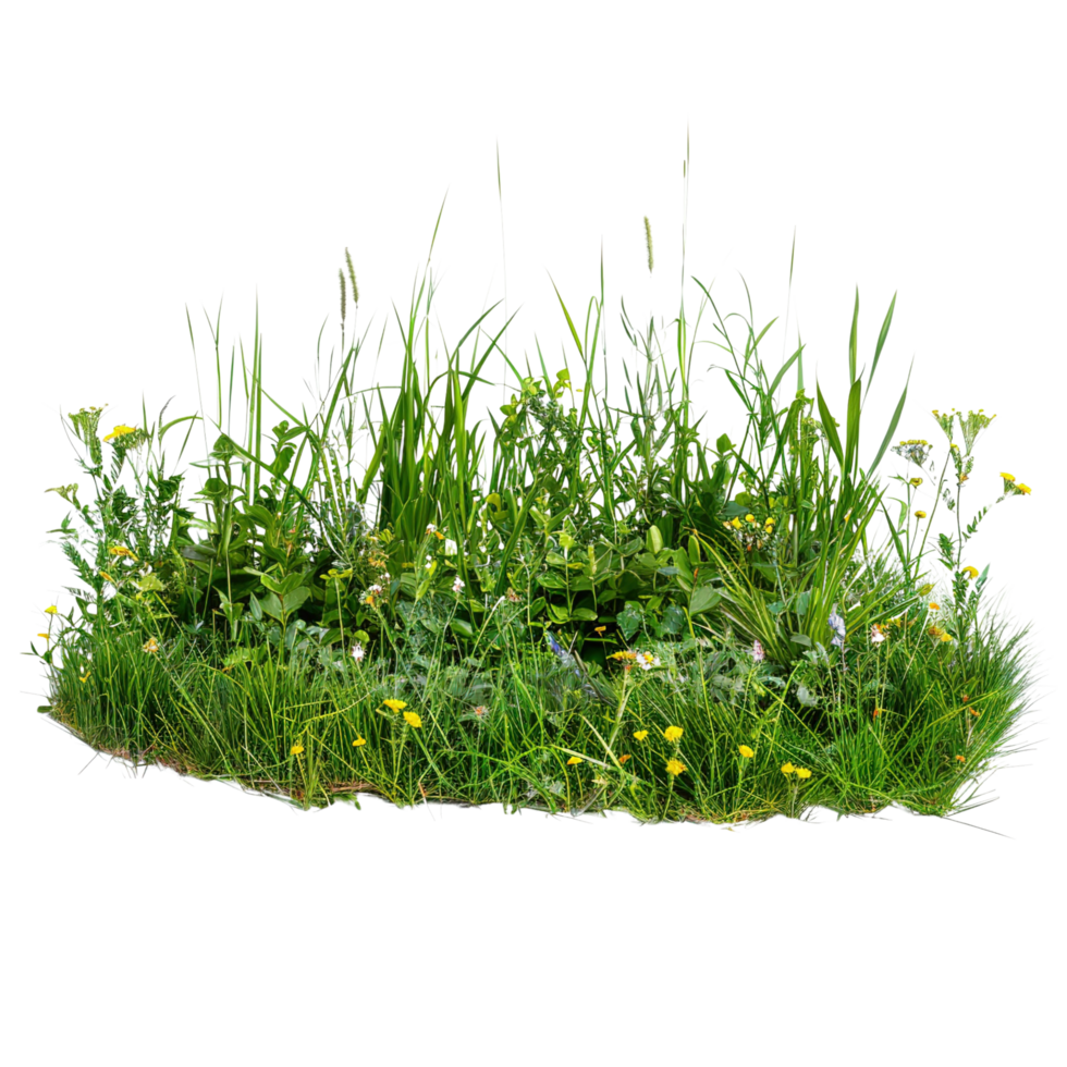 A mixed prairie grass bed in early summer, lush and vibrant green with occasional wildflowers, isolated on a transparent background png