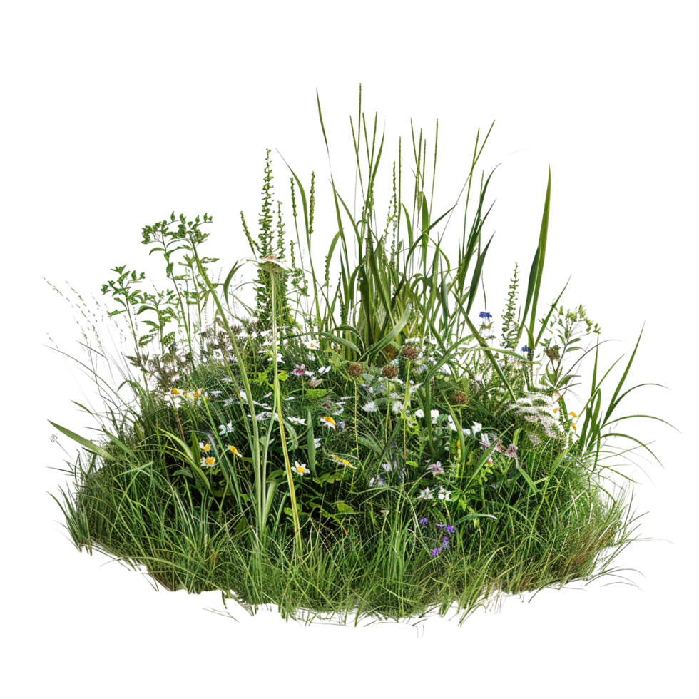 A mixed prairie grass bed in early summer, lush and vibrant green with occasional wildflowers, isolated on a transparent background png
