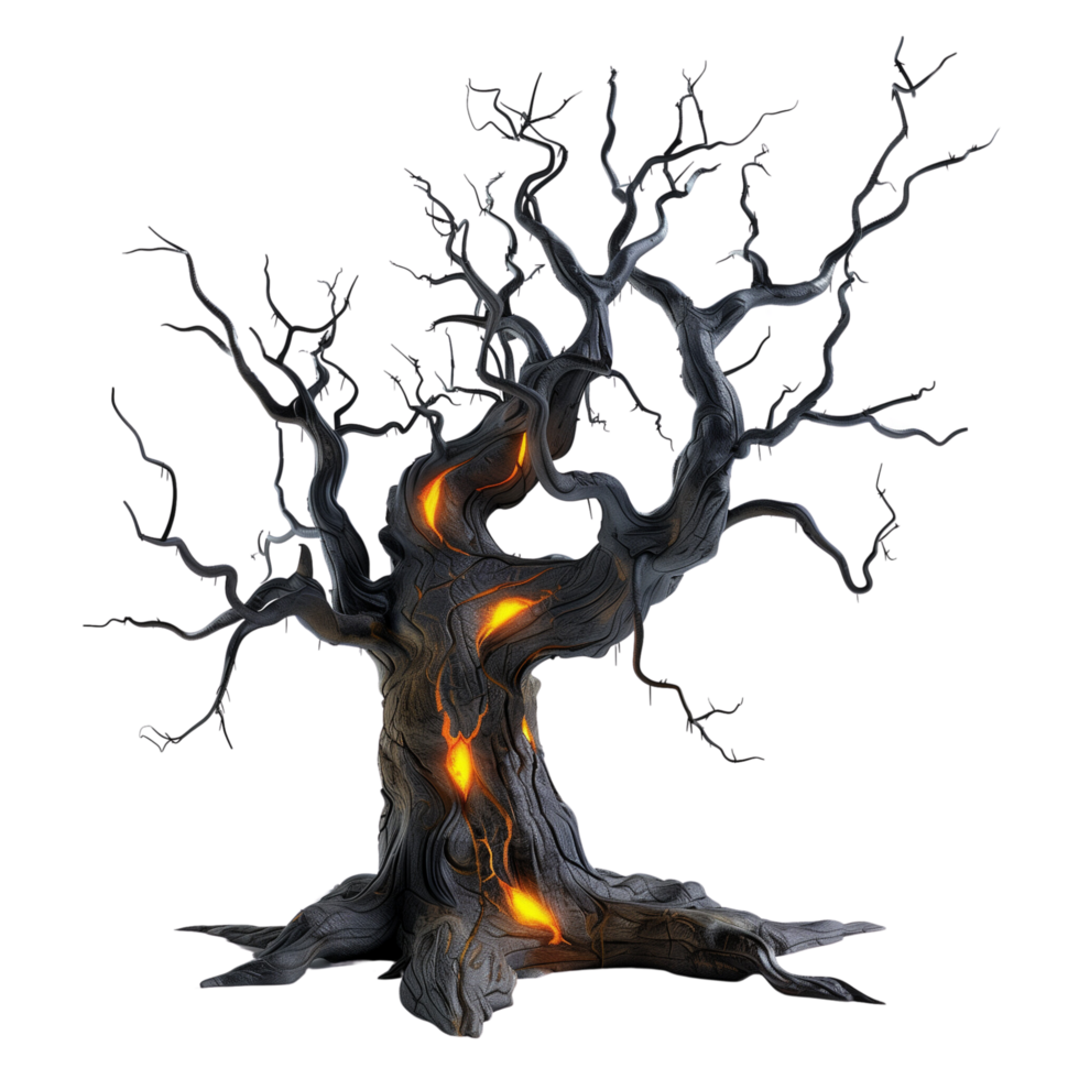 A spooky dead tree with glowing orange lights, casting eerie shadows isolated on a transparent background png