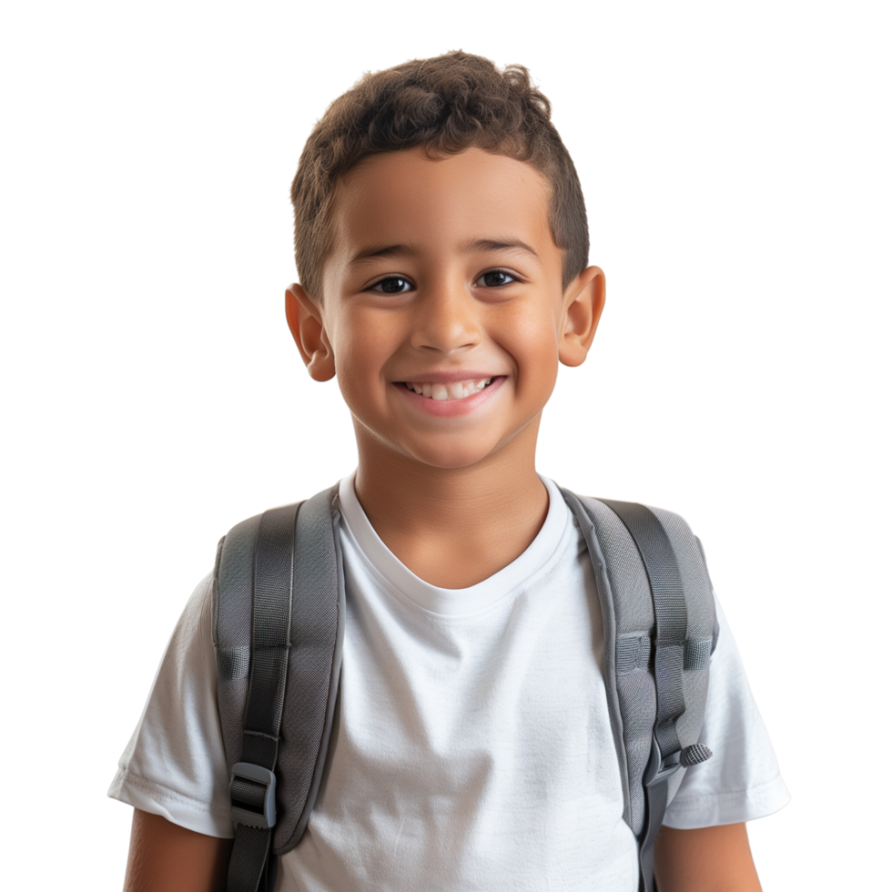 A school-aged boy with a backpack, smiling confidently, isolated on a transparent background png