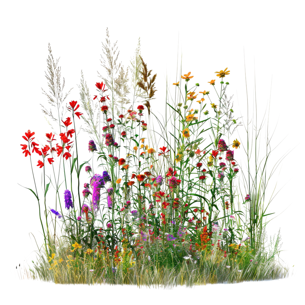 A mixed prairie grass bed in mid-summer, tall and dense with grasses in full bloom, isolated on a transparent background png