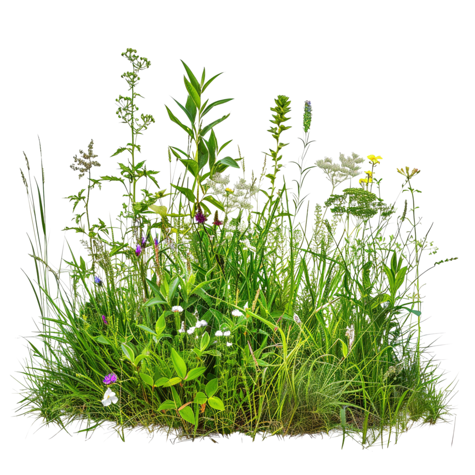 A mixed prairie grass bed in early summer, lush and vibrant green with occasional wildflowers, isolated on a transparent background png
