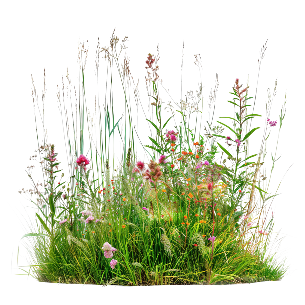 A mixed prairie grass bed in mid-summer, tall and dense with grasses in full bloom, isolated on a transparent background png
