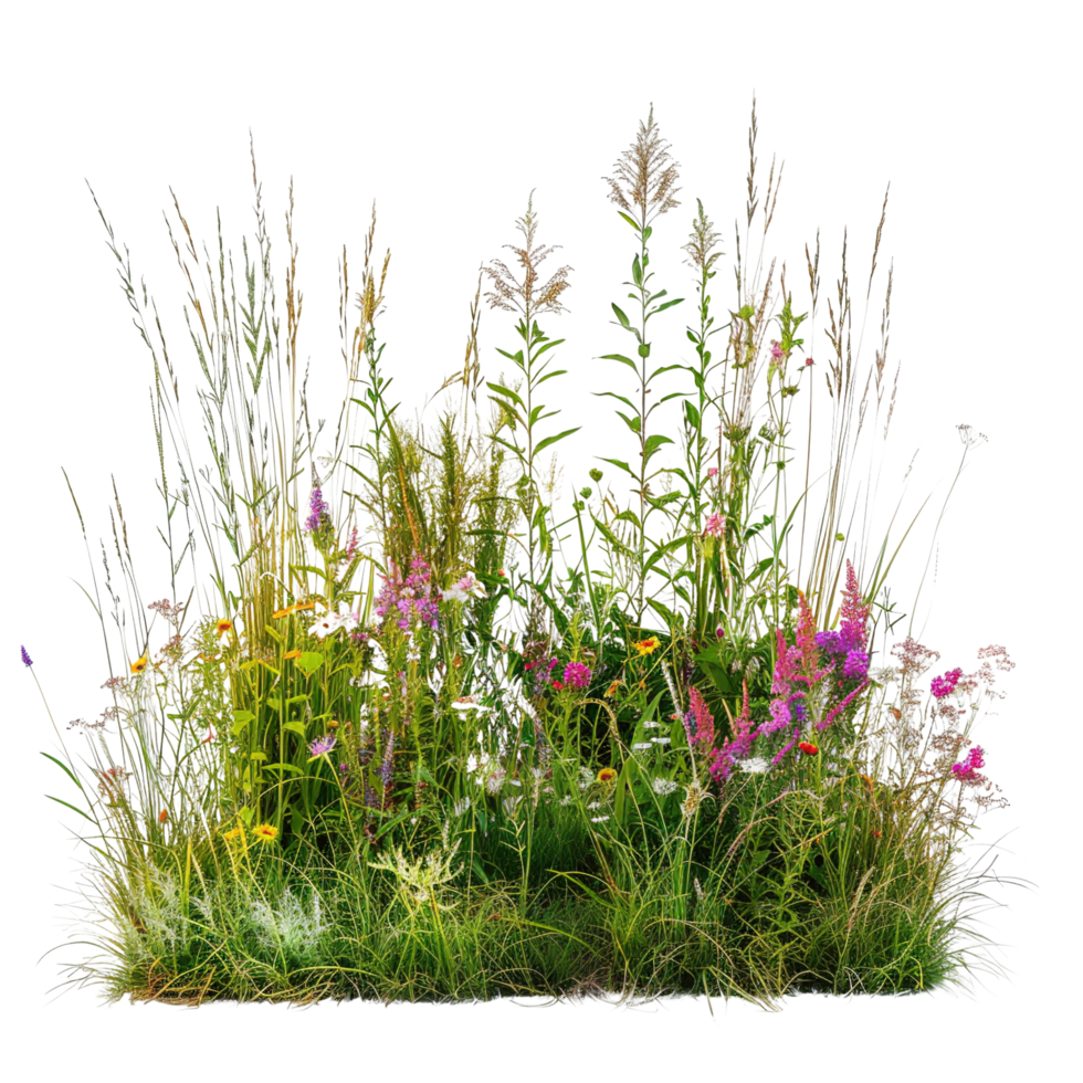 A mixed prairie grass bed in mid-summer, tall and dense with grasses in full bloom, isolated on a transparent background png