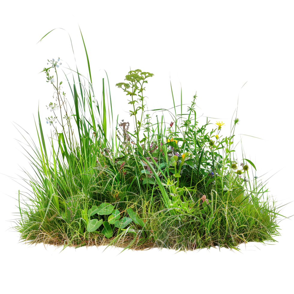 A mixed prairie grass bed in early summer, lush and vibrant green with occasional wildflowers, isolated on a transparent background png