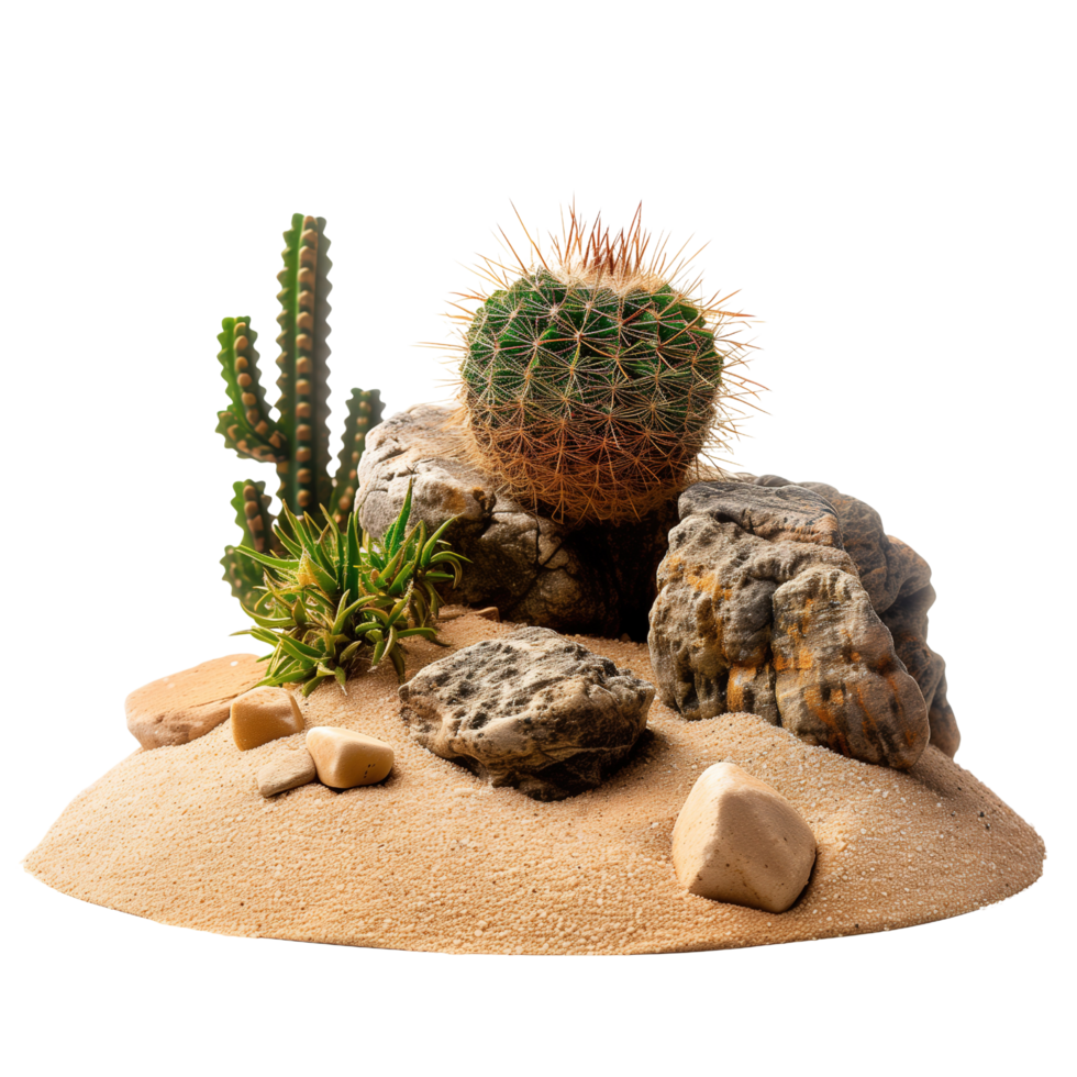 A single tumbleweed rolling through a sandy desert, with cactuses and rocks scattered around isolated on a transparent background png