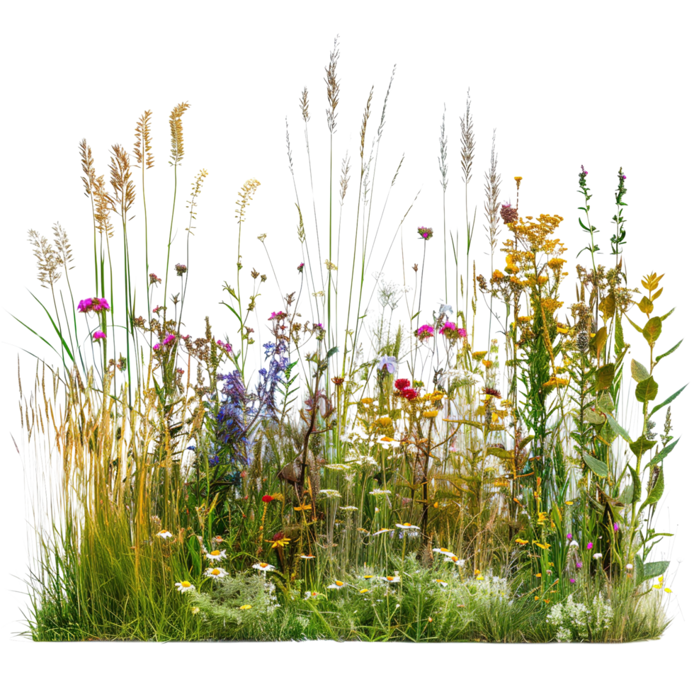 A mixed prairie grass bed in mid-summer, tall and dense with grasses in full bloom, isolated on a transparent background png