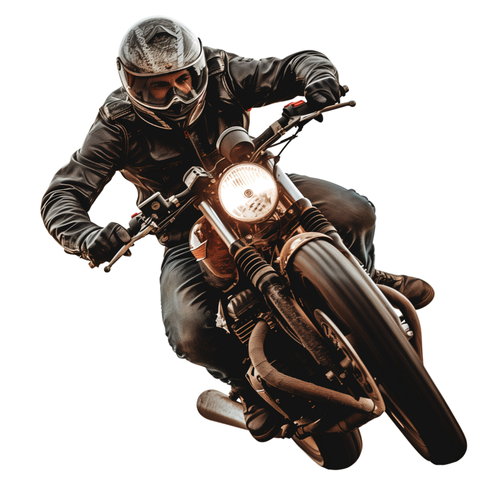 A motorcycle rider in motion isolated on a transparent background png