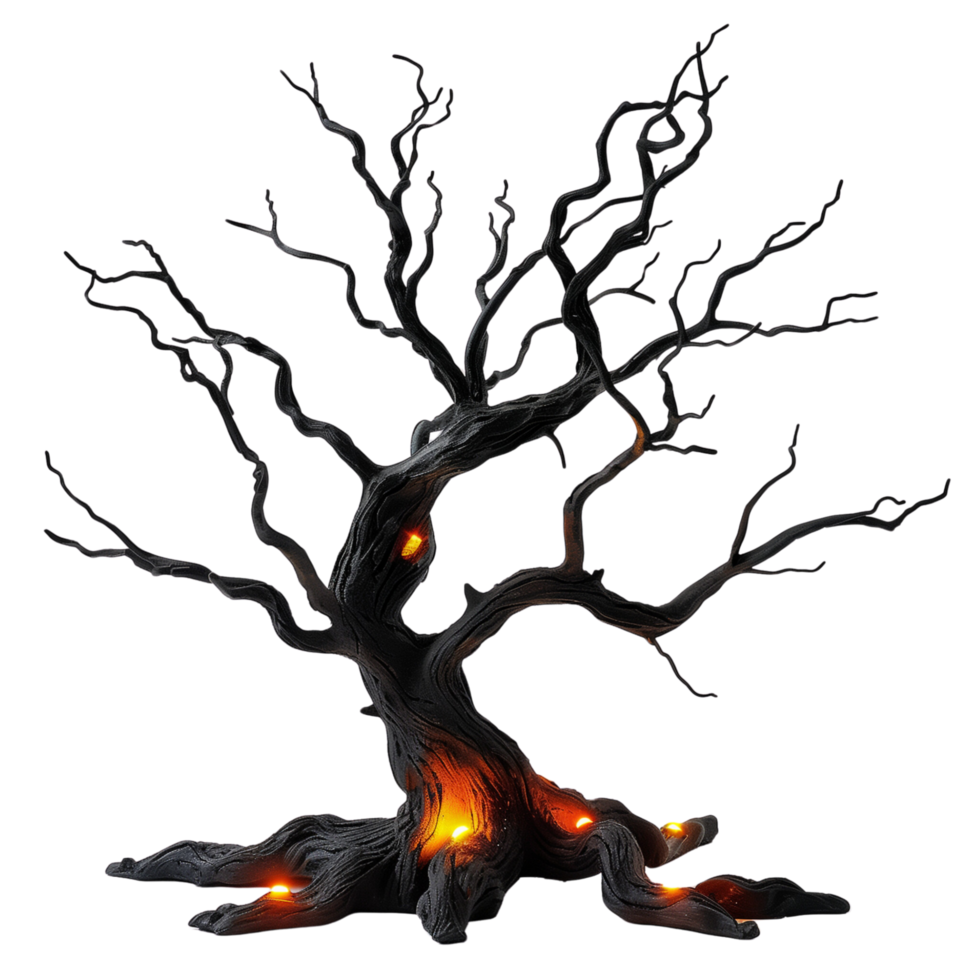 A spooky dead tree with glowing orange lights, casting eerie shadows isolated on a transparent background png