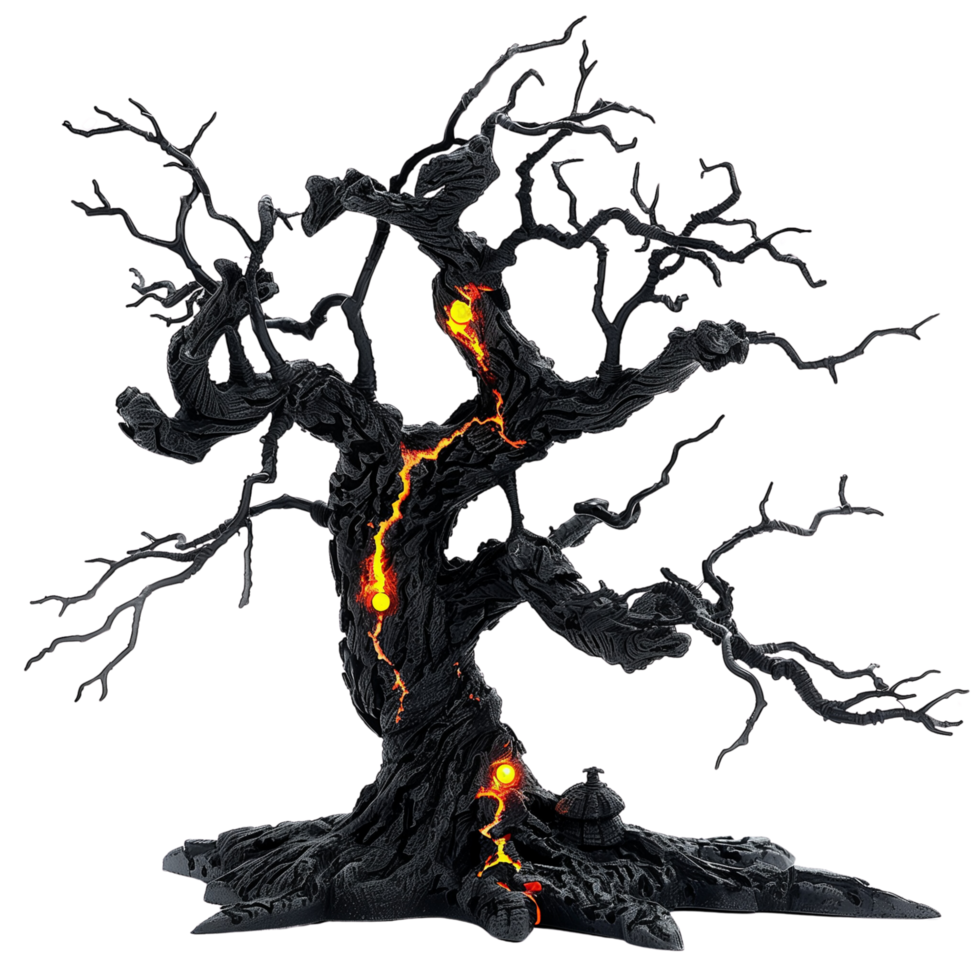 A spooky dead tree with glowing orange lights, casting eerie shadows isolated on a transparent background png