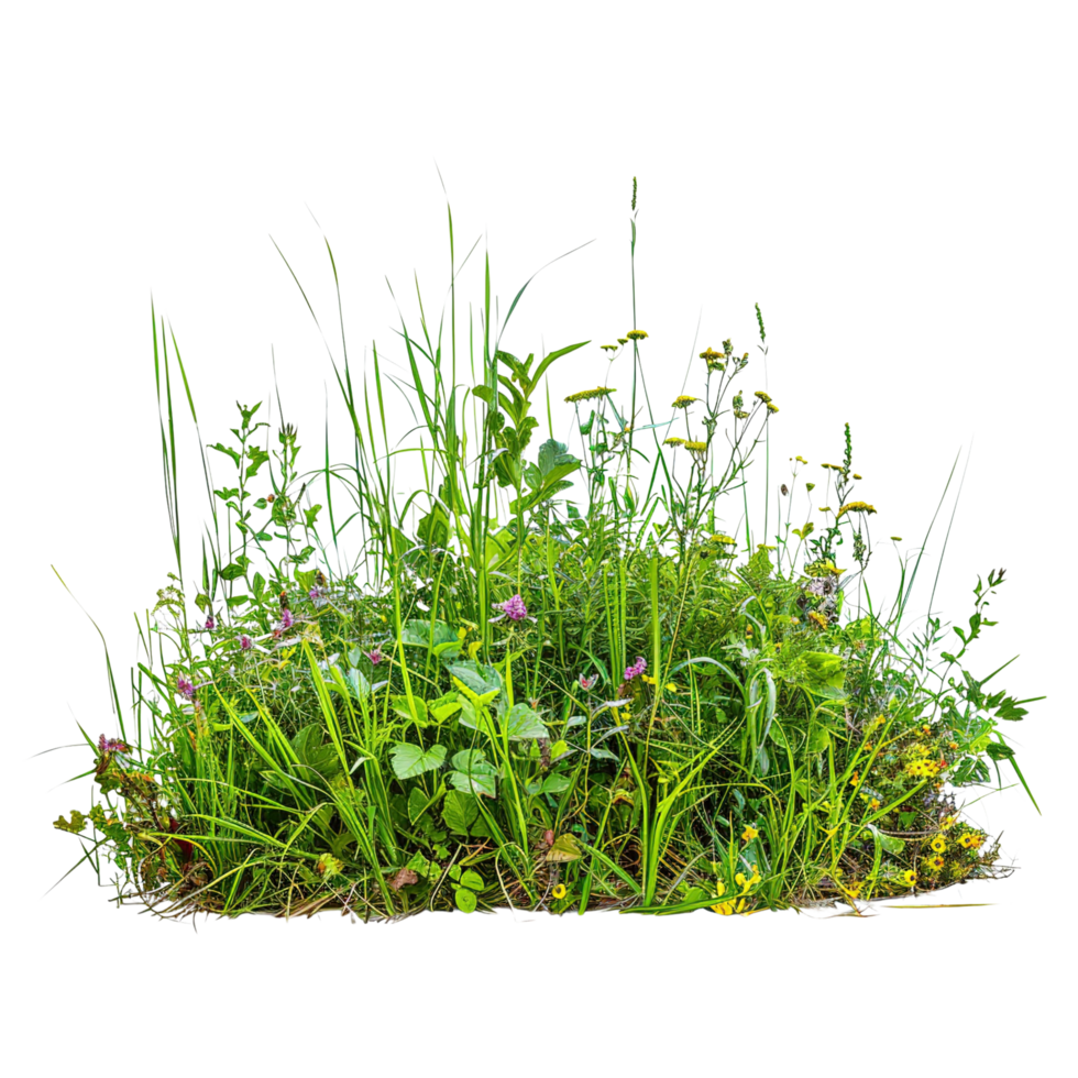 A mixed prairie grass bed in early summer, lush and vibrant green with occasional wildflowers, isolated on a transparent background png