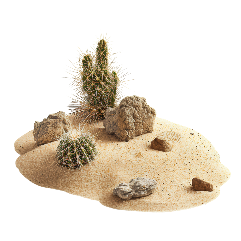 A single tumbleweed rolling through a sandy desert, with cactuses and rocks scattered around isolated on a transparent background png
