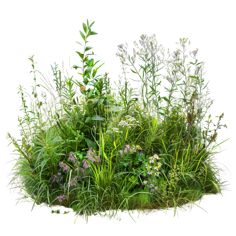 A mixed prairie grass bed in early summer, lush and vibrant green with occasional wildflowers, isolated on a transparent background png
