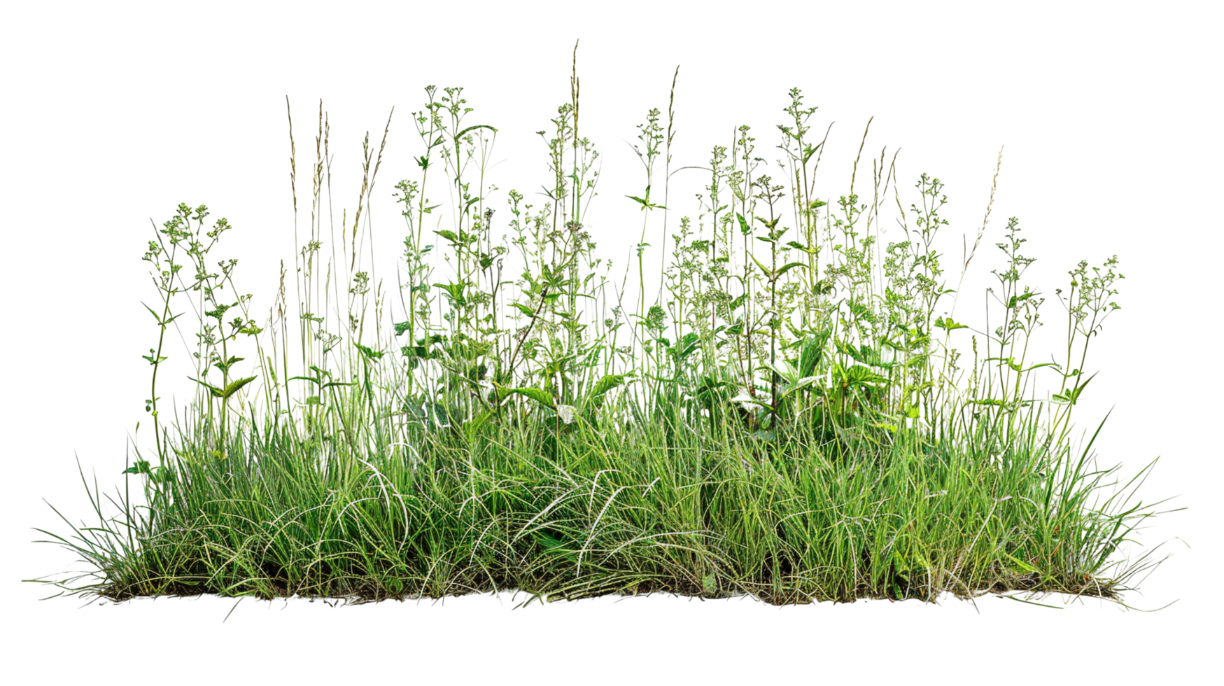A mixed prairie grass bed in spring, fresh green shoots emerging, isolated on a transparent background png