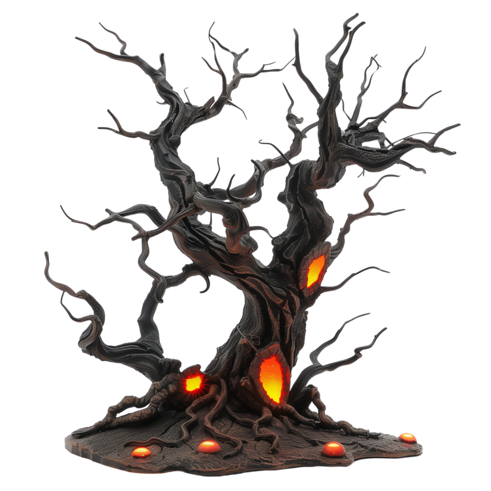 A spooky dead tree with glowing orange lights, casting eerie shadows isolated on a transparent background png
