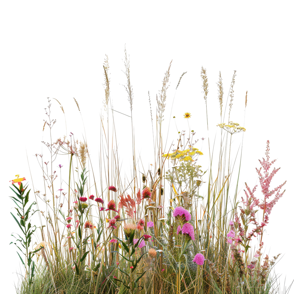A mixed prairie grass bed in mid-summer, tall and dense with grasses in full bloom, isolated on a transparent background png