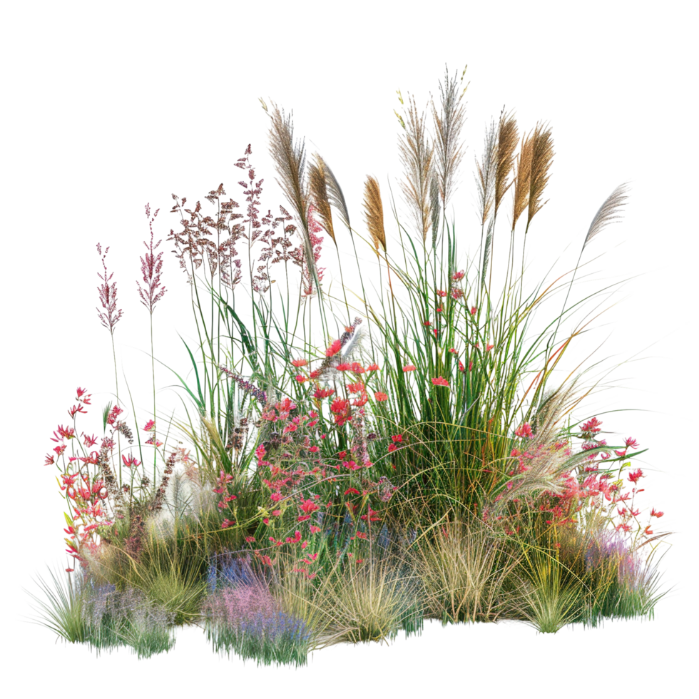 A mixed prairie grass bed in mid-summer, tall and dense with grasses in full bloom, isolated on a transparent background png
