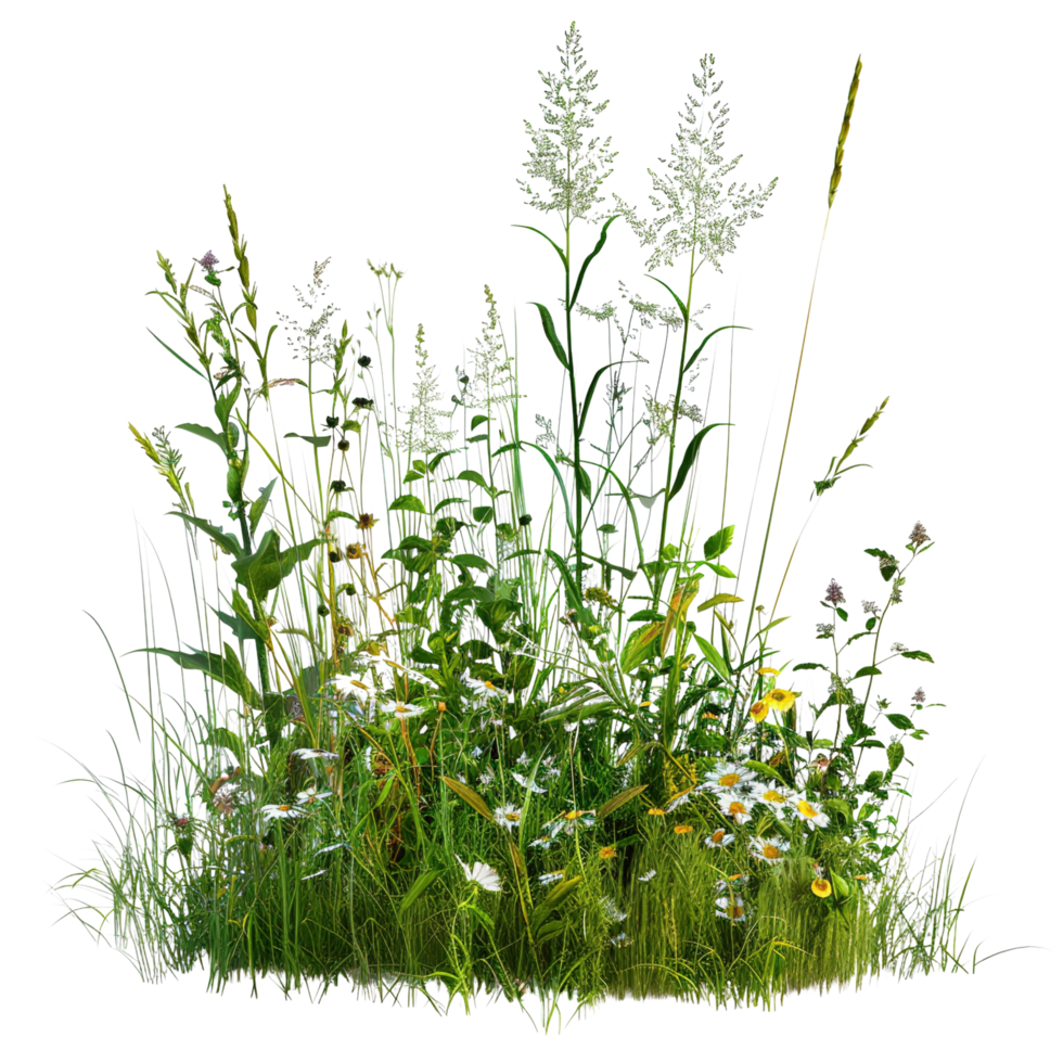 A mixed prairie grass bed in early summer, lush and vibrant green with occasional wildflowers, isolated on a transparent background png