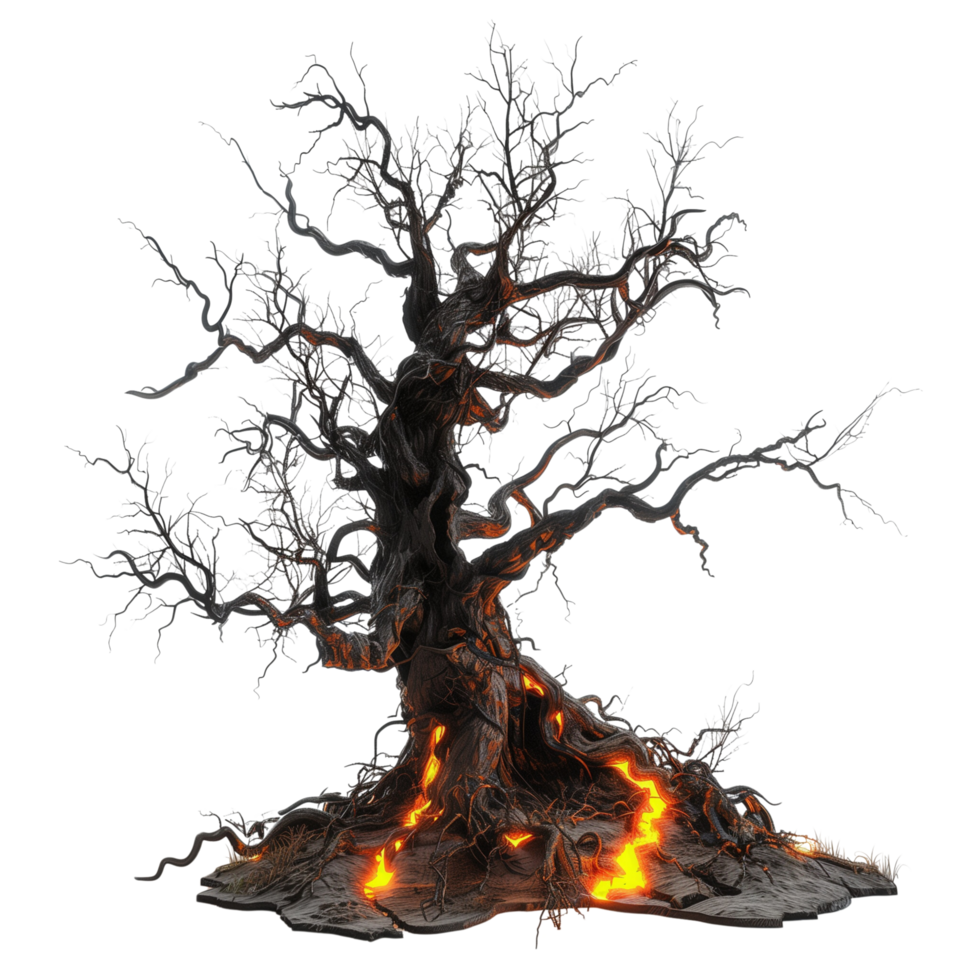A spooky dead tree with glowing orange lights, casting eerie shadows isolated on a transparent background png