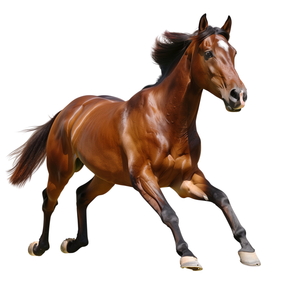 A powerful brown horse running with full speed, isolated on a transparent background png