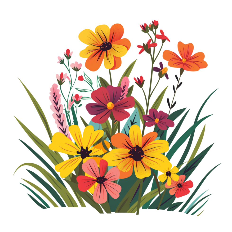 A vibrant bunch of flowers with clearly distinguishable blooms and grass, showcasing bright and dark sides, vectorized and flattened, isolated on a transparent background png