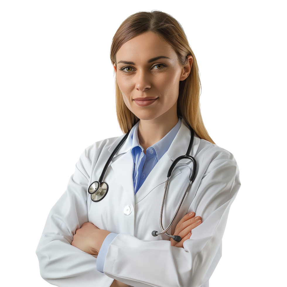 A professional female doctor with a stethoscope around her neck, arms crossed, looking directly at the camera isolated on a transparent background png