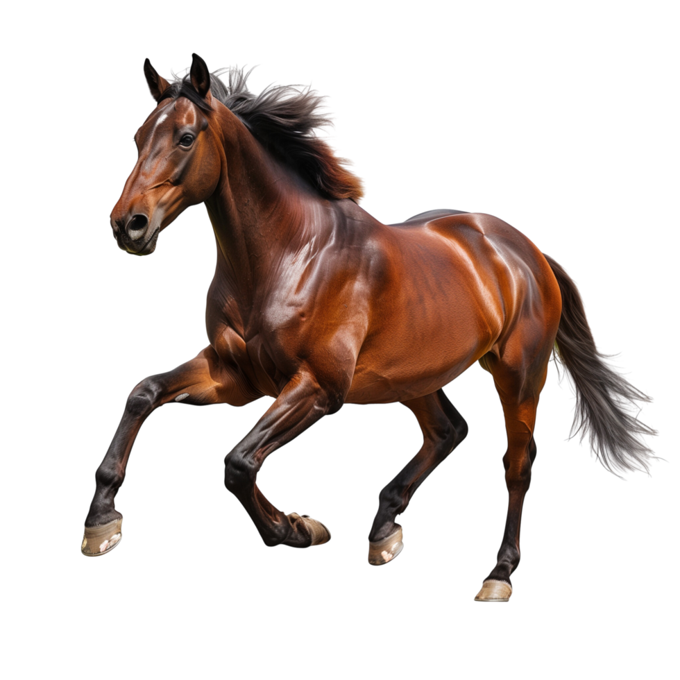 A powerful brown horse running with full speed, isolated on a transparent background png