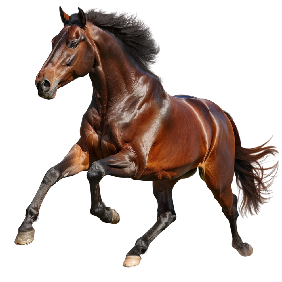 A powerful brown horse running with full speed, isolated on a transparent background png