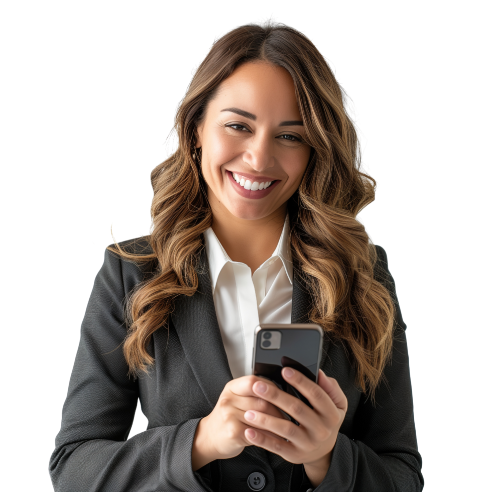 A professional portrait of a beautiful American woman in business attire, smiling while using her smartphone isolated on a transparent background png