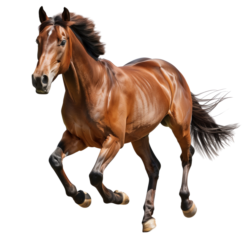 A powerful brown horse running with full speed, isolated on a transparent background png