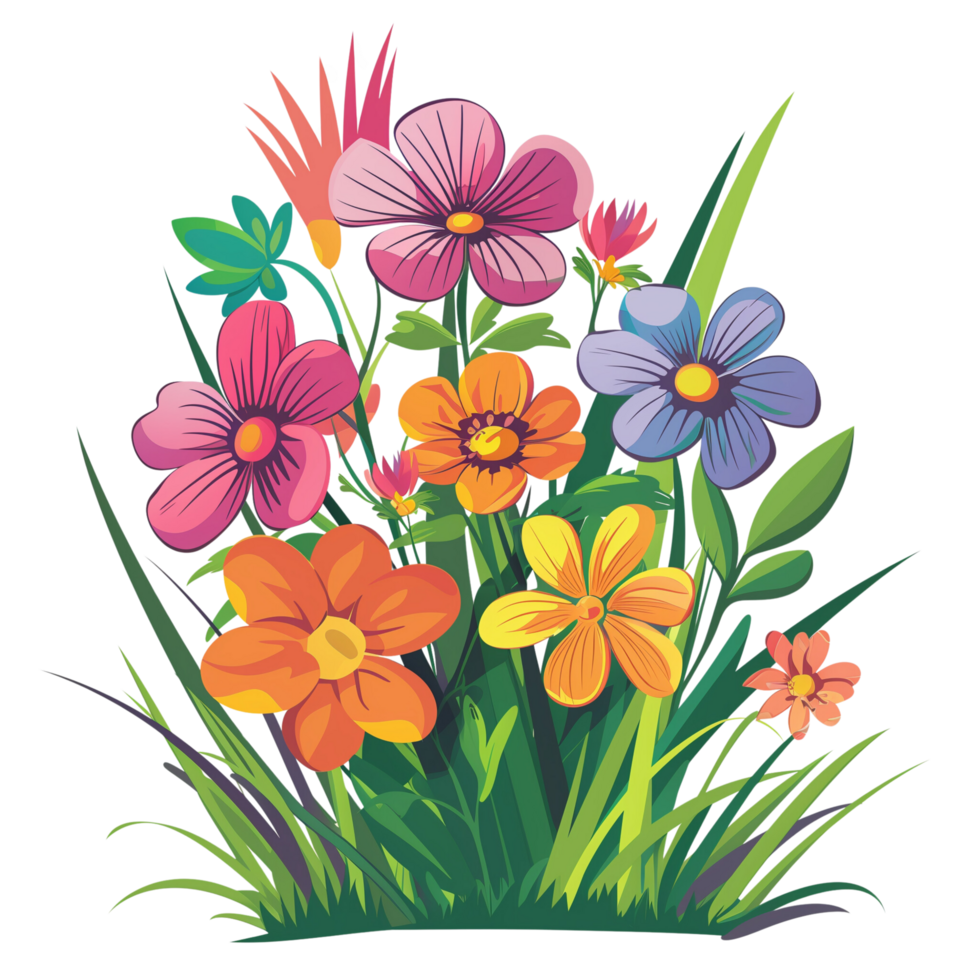 A vibrant bunch of flowers with clearly distinguishable blooms and grass, showcasing bright and dark sides, vectorized and flattened, isolated on a transparent background png
