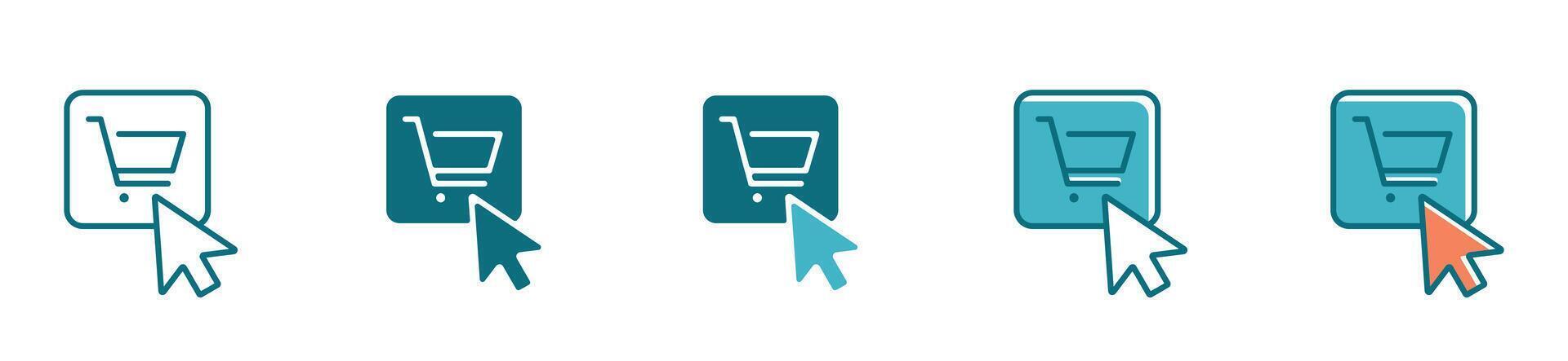 simple click buy product icon with a pointer clicking on the online shopping cart sign in a variety style illustration design vector