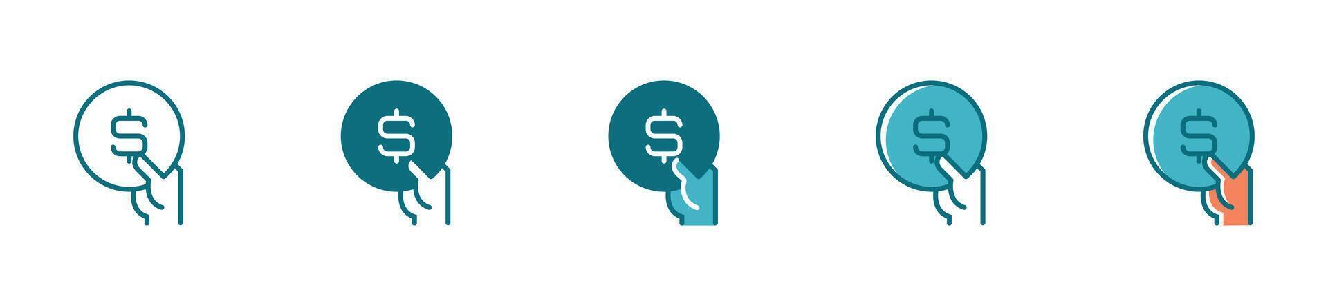Hand holding coin icon payment dollar bill coin set symbol vector