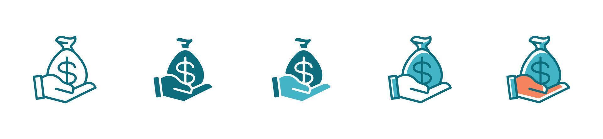 Payment hand holding a bag of money icon set for business bills, transfers, purchases, transaction balance symbol finance vector
