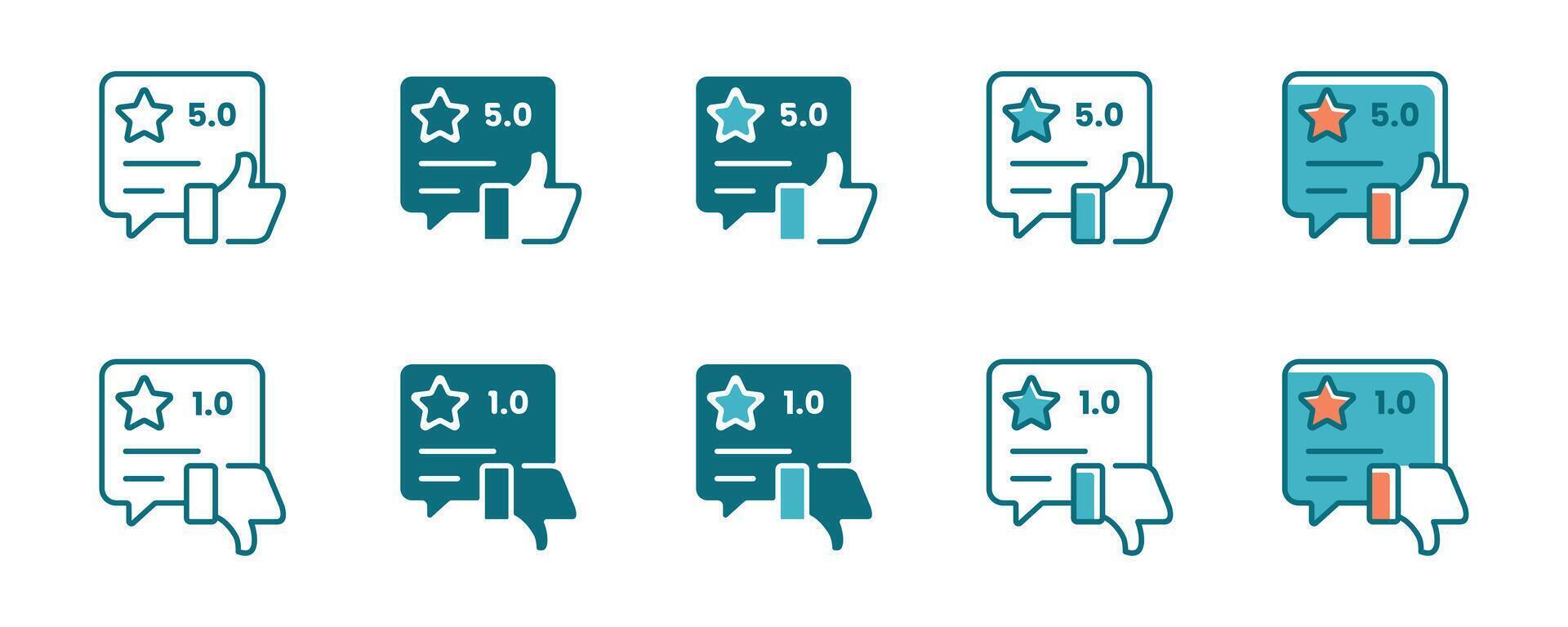 set of feedback rating icon service result evaluation with review client signs in 5 variant styles illustration for web, app, interface template design vector