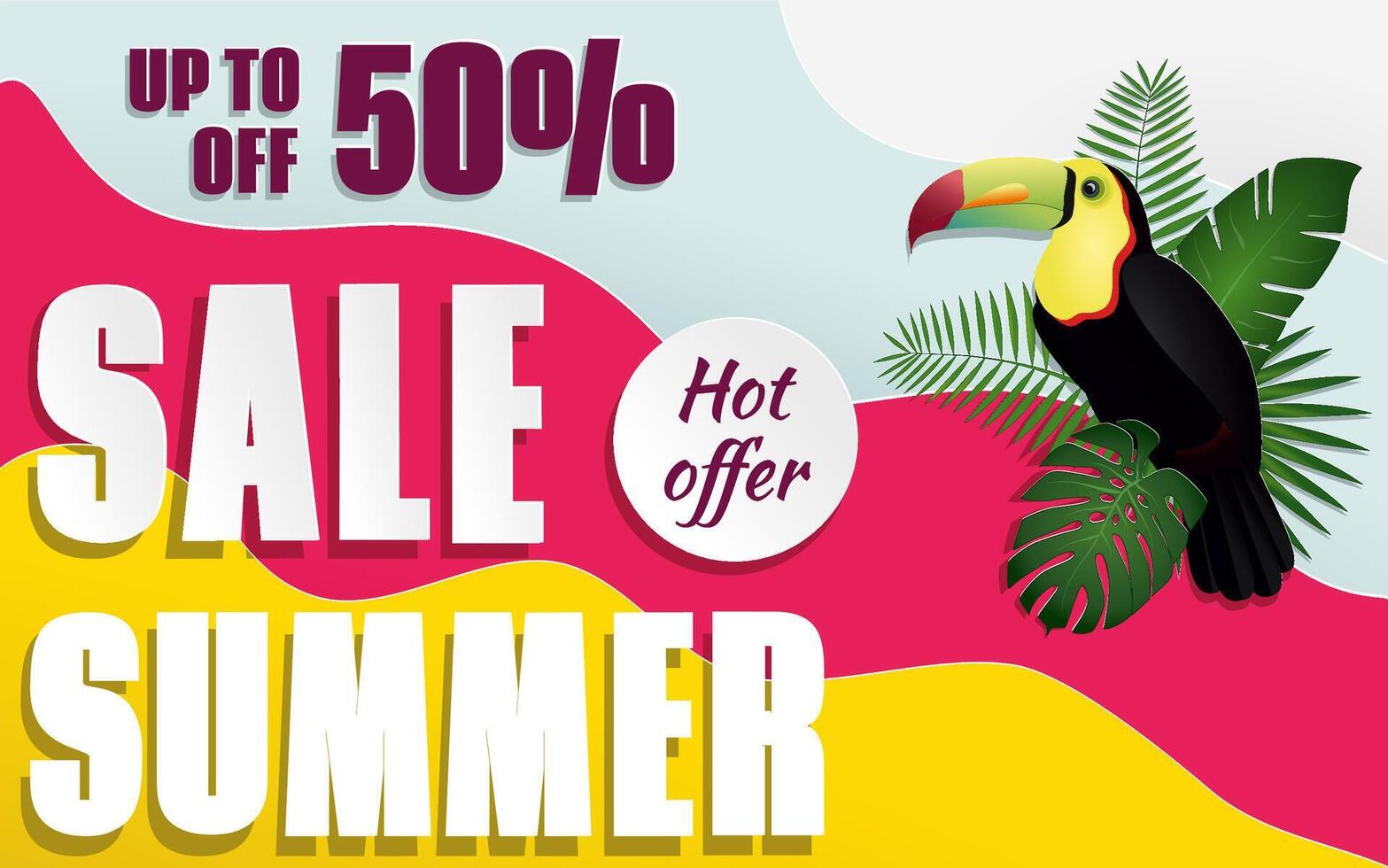 Colorfull summer sale banner with tropical plants and toucan. vector
