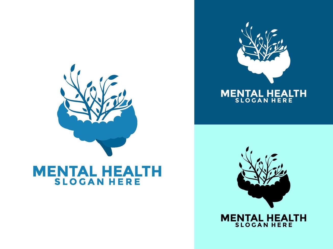 Mental Health logo with brain and green leaves. Mental Wellness Logo and Icon template vector