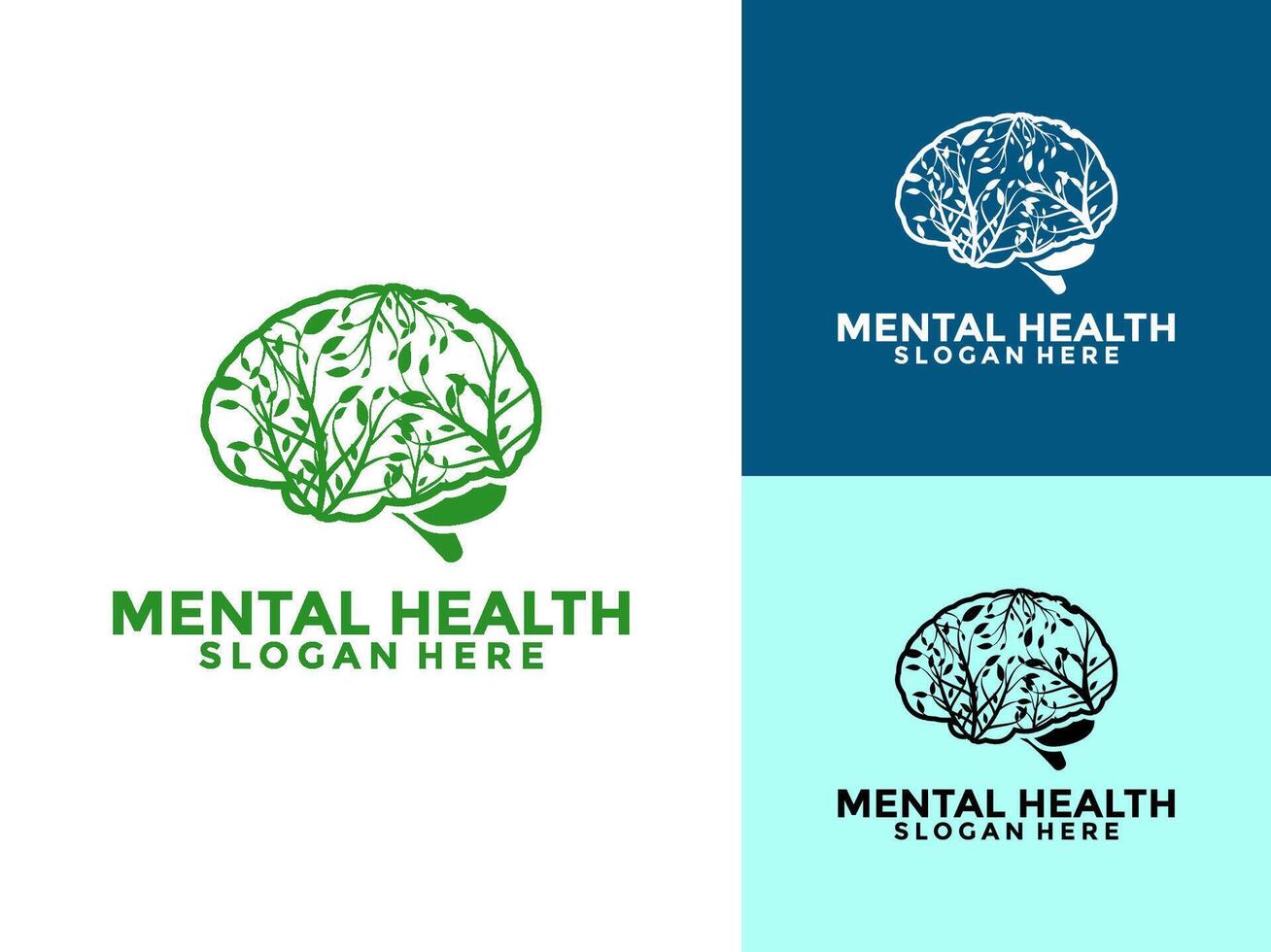 Mental Health logo with brain and green leaves. Mental Wellness Logo and Icon template vector