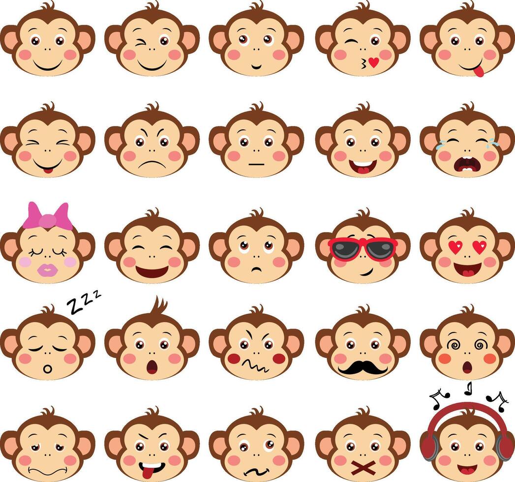 Set digital collage of cute monkey face with different expressions vector
