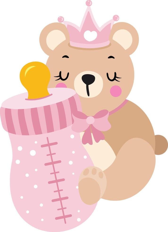 Cute baby girl teddy bear holding a baby bottle of milk vector