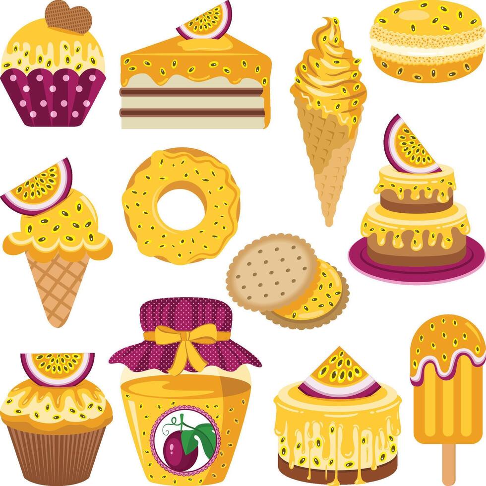Set digital collage of sweets made with passion fruit vector