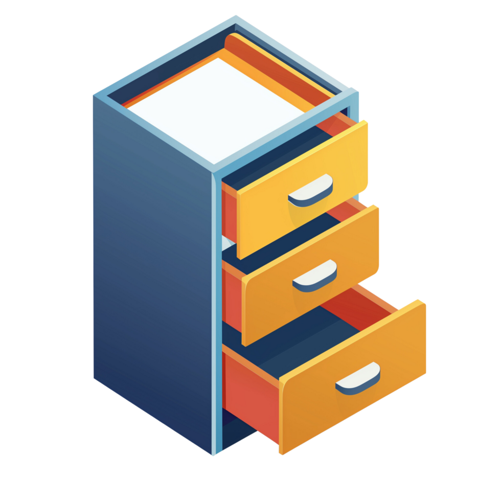 A colorful filing cabinet icon with an open drawer isolated on a transparent background png