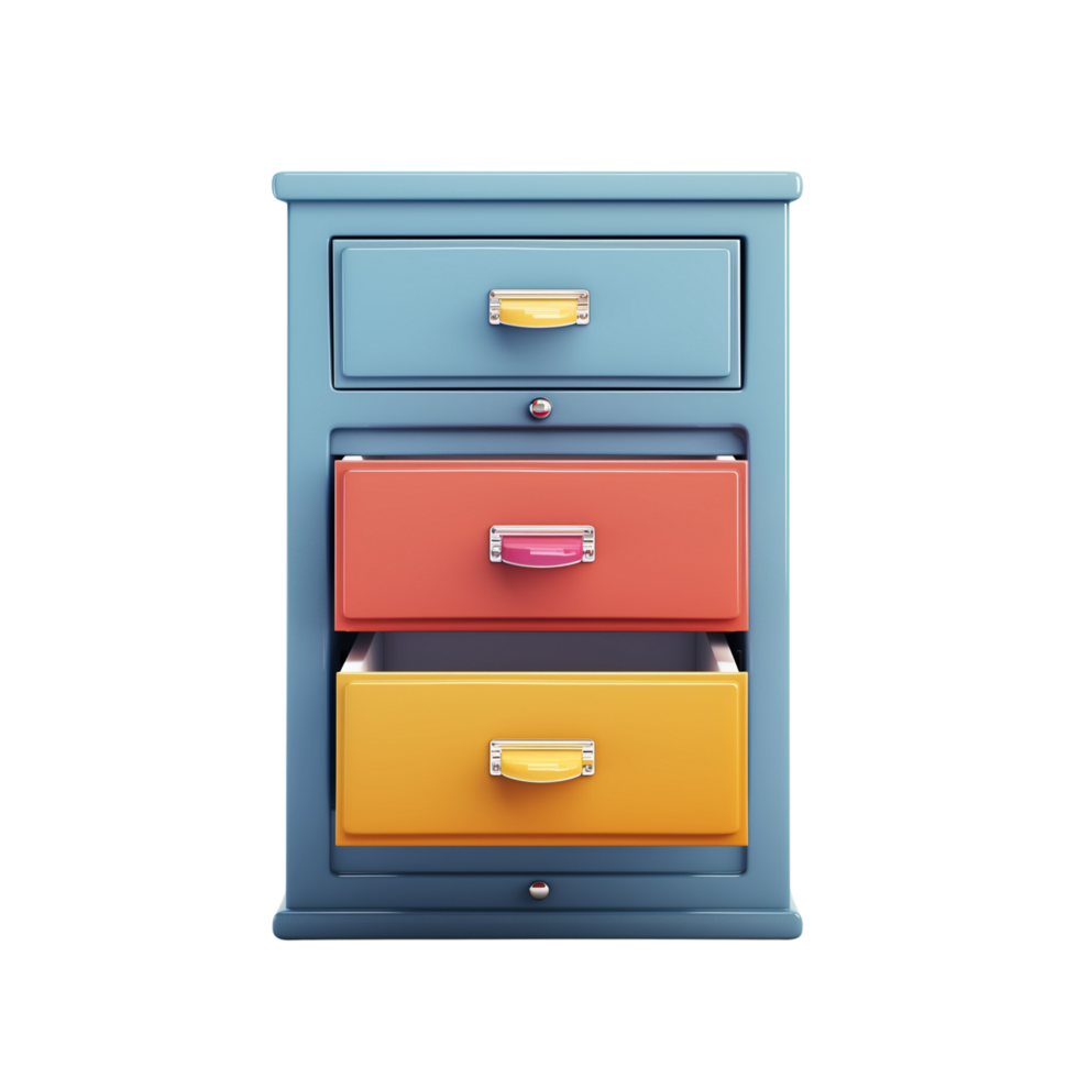 A colorful filing cabinet icon with an open drawer isolated on a transparent background png