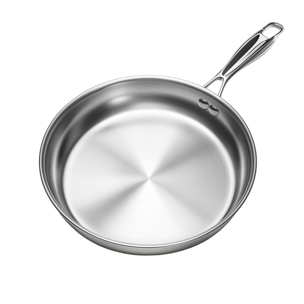 A stainless steel frying pan with a polished surface isolated on a transparent background png