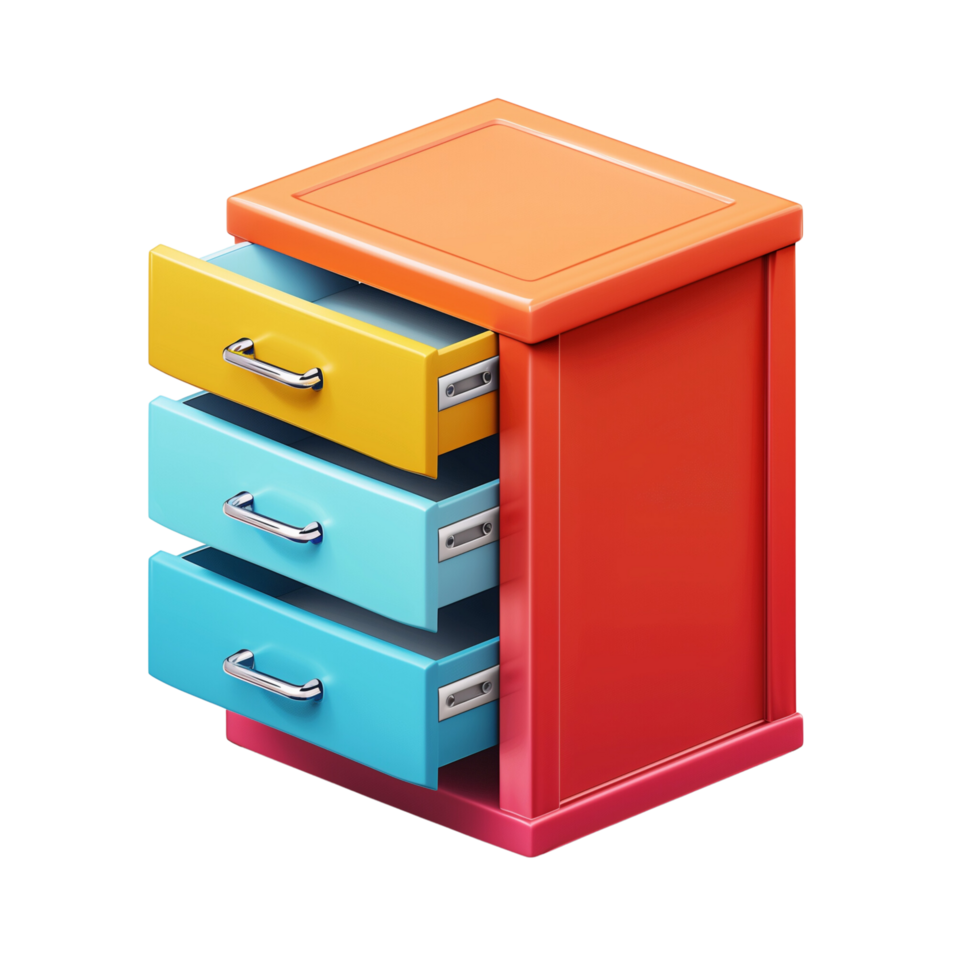 A colorful filing cabinet icon with an open drawer isolated on a transparent background png