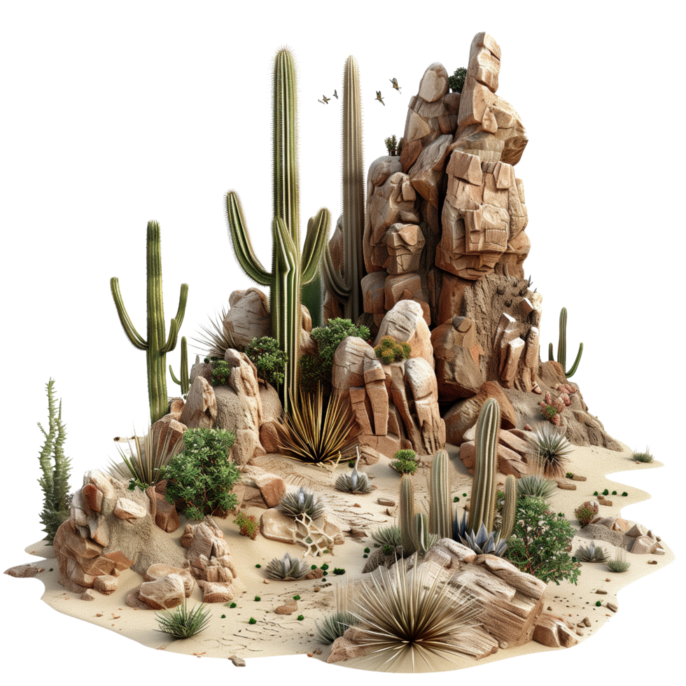 A barren African desert scene featuring tumbleweeds, various cactuses, and rocky outcrops isolated on a transparent background png