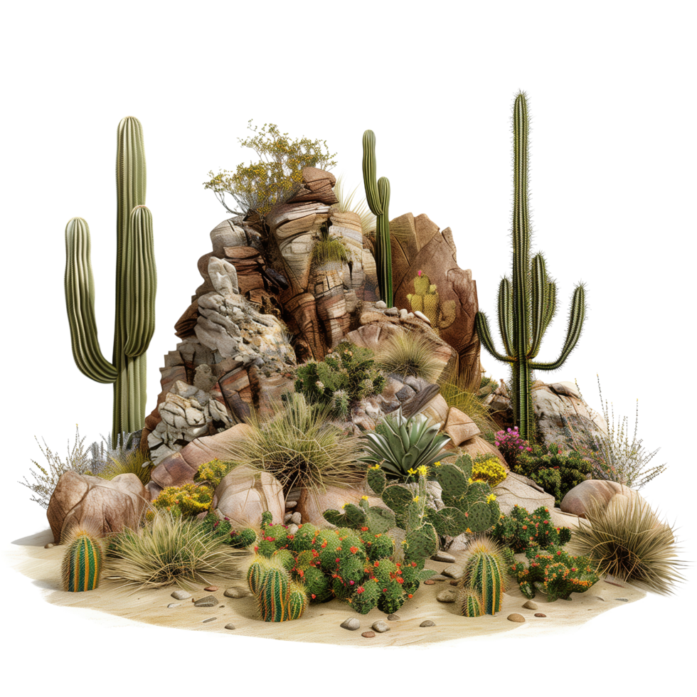 A barren African desert scene featuring tumbleweeds, various cactuses, and rocky outcrops isolated on a transparent background png