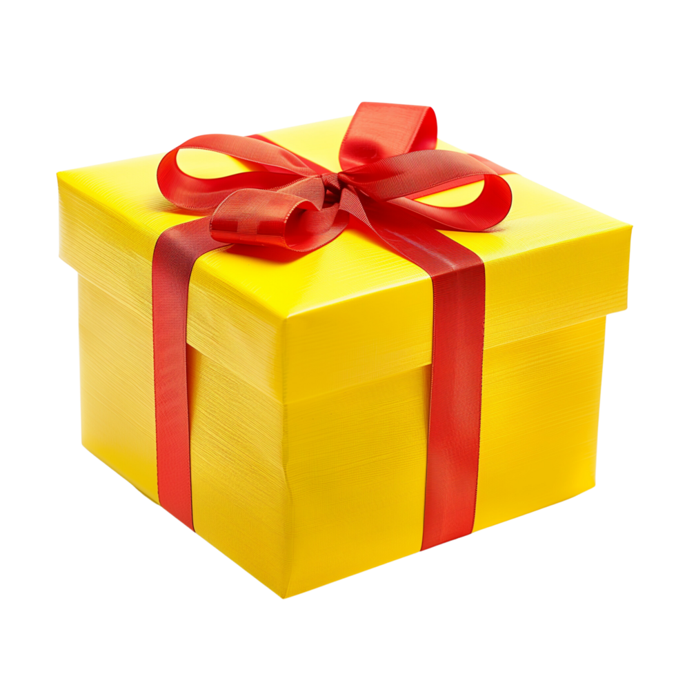 A beautifully yellow gift box with a vibrant red bow, isolated on a transparent background png