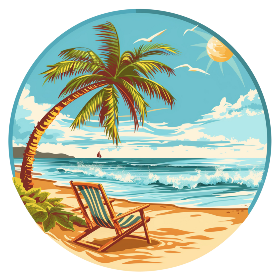 A colorful image of a Florida beach with gentle waves, a swaying palm tree, and a beach chair basking in sunlight, isolated on a transparent background png