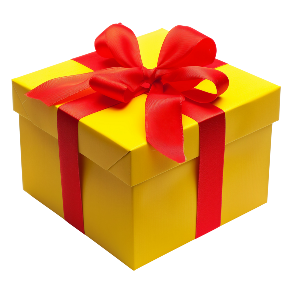 A beautifully yellow gift box with a vibrant red bow, isolated on a transparent background png